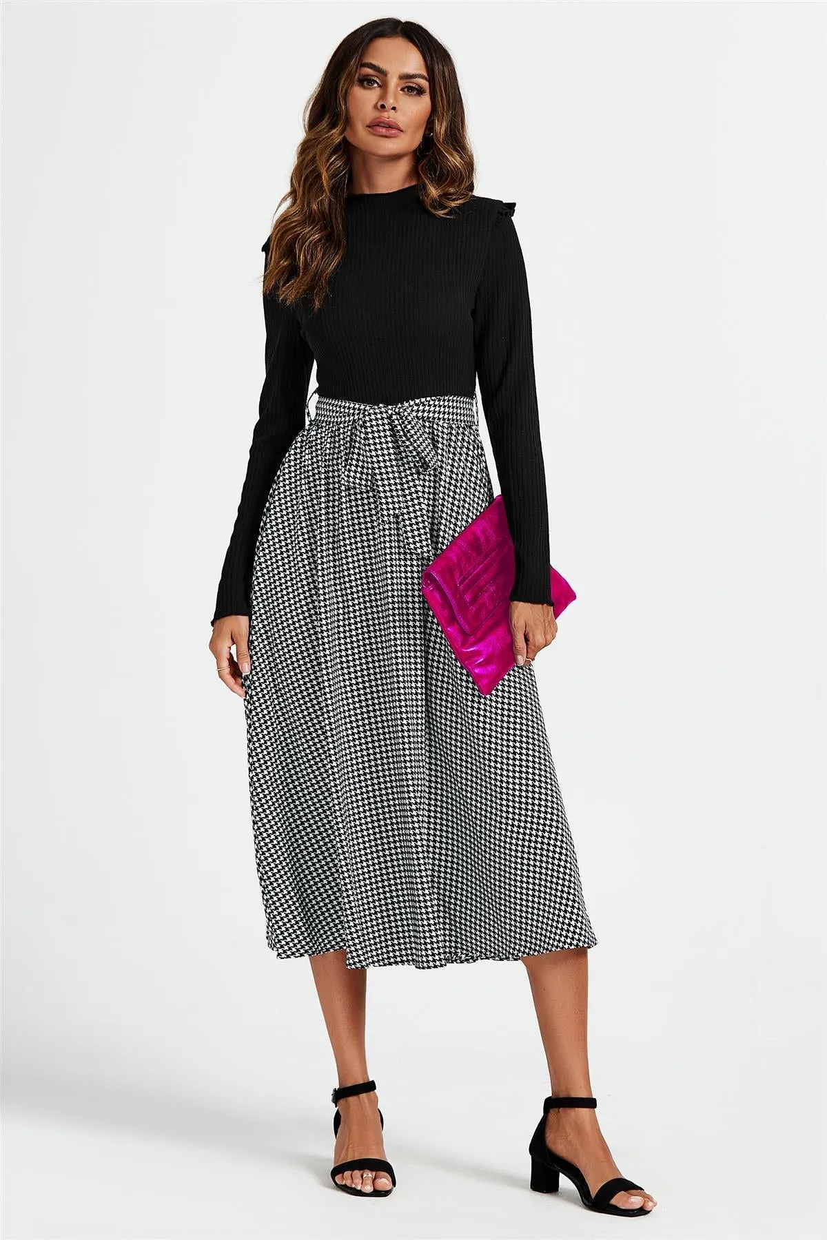 FS Collection 2 In 1 Black & White Houndstooth Printed Midi Dress