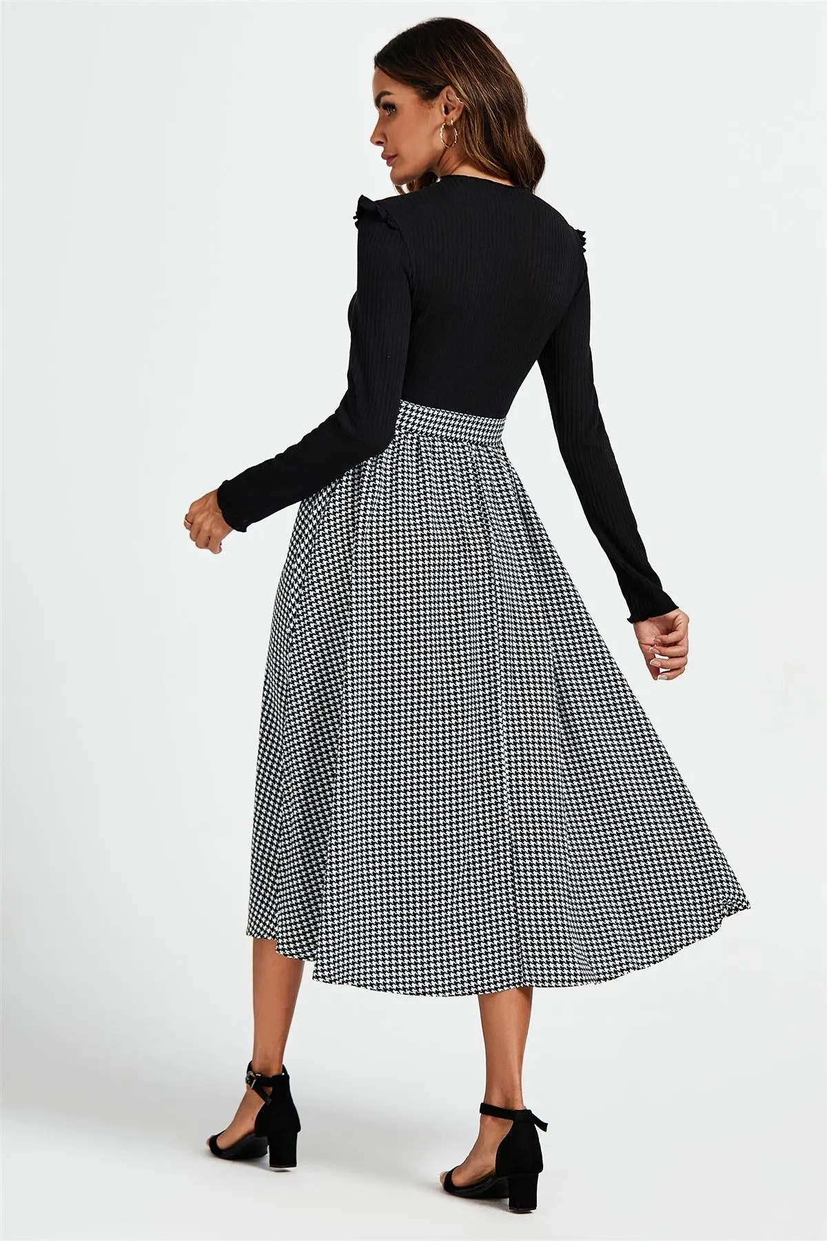 FS Collection 2 In 1 Black & White Houndstooth Printed Midi Dress