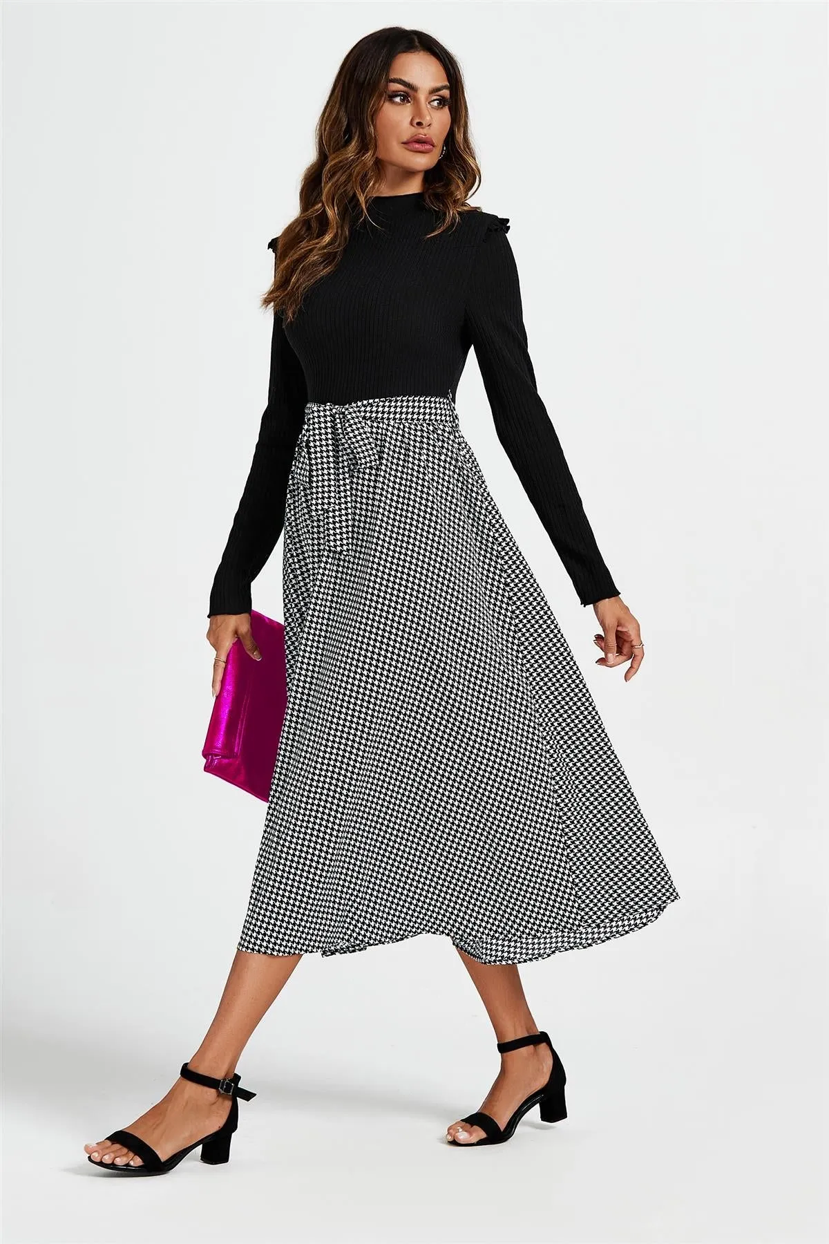 FS Collection 2 In 1 Black & White Houndstooth Printed Midi Dress