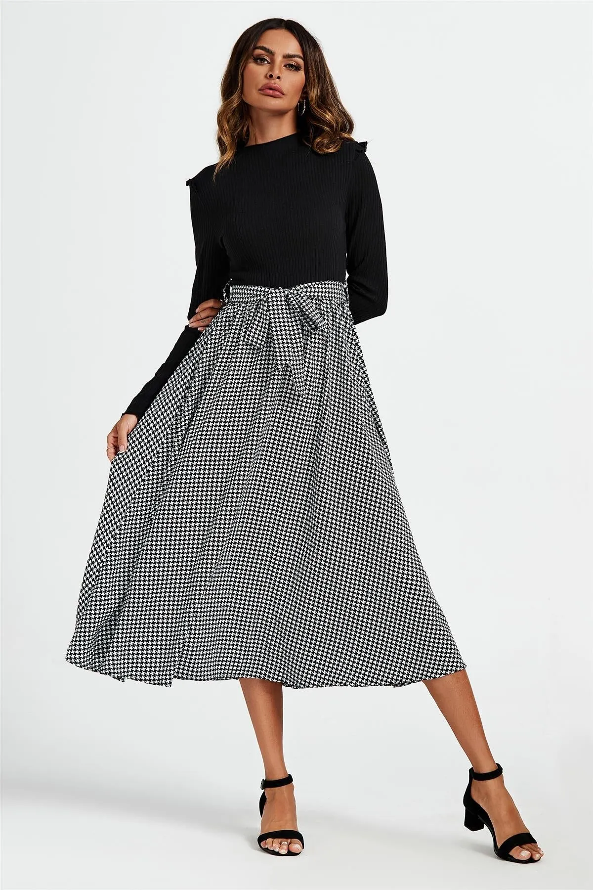 FS Collection 2 In 1 Black & White Houndstooth Printed Midi Dress