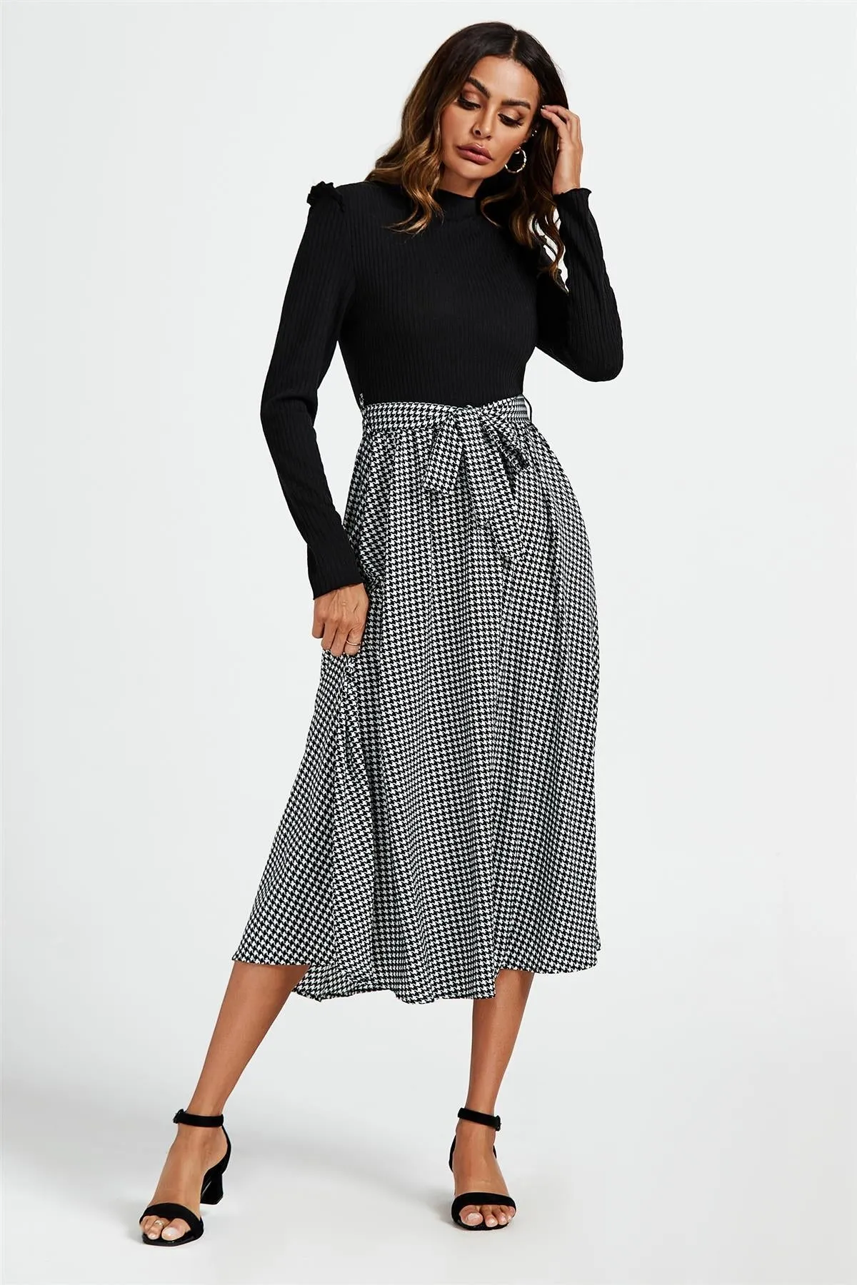 FS Collection 2 In 1 Black & White Houndstooth Printed Midi Dress