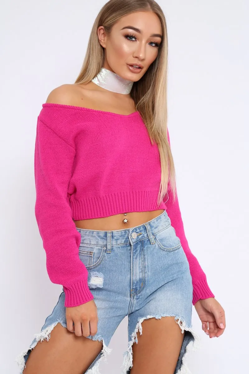 Fuchsia V Neck Off Shoulder Knitted Cropped Jumper - Kirby