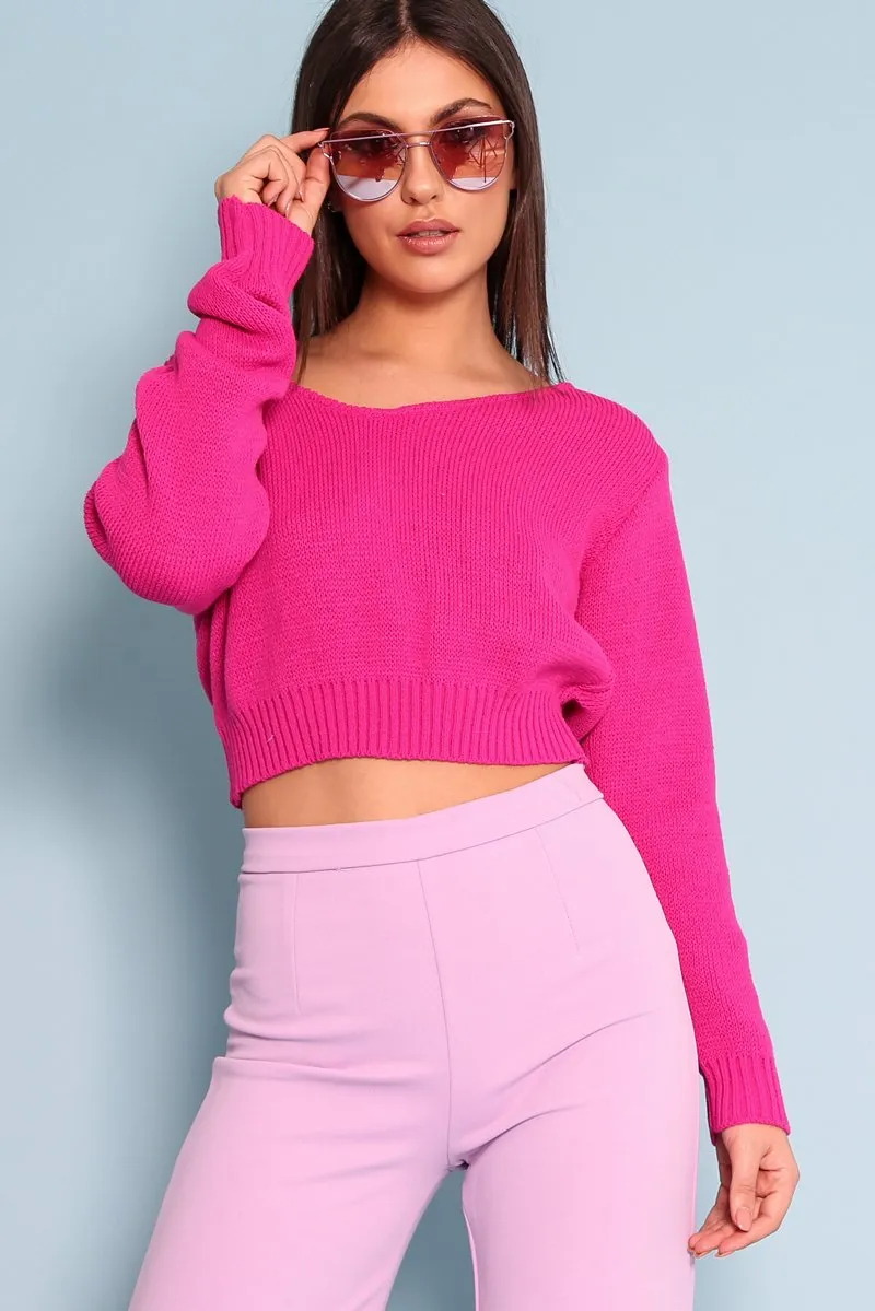 Fuchsia V Neck Off Shoulder Knitted Cropped Jumper - Kirby