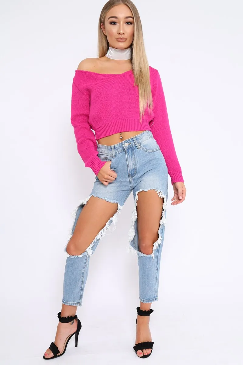 Fuchsia V Neck Off Shoulder Knitted Cropped Jumper - Kirby