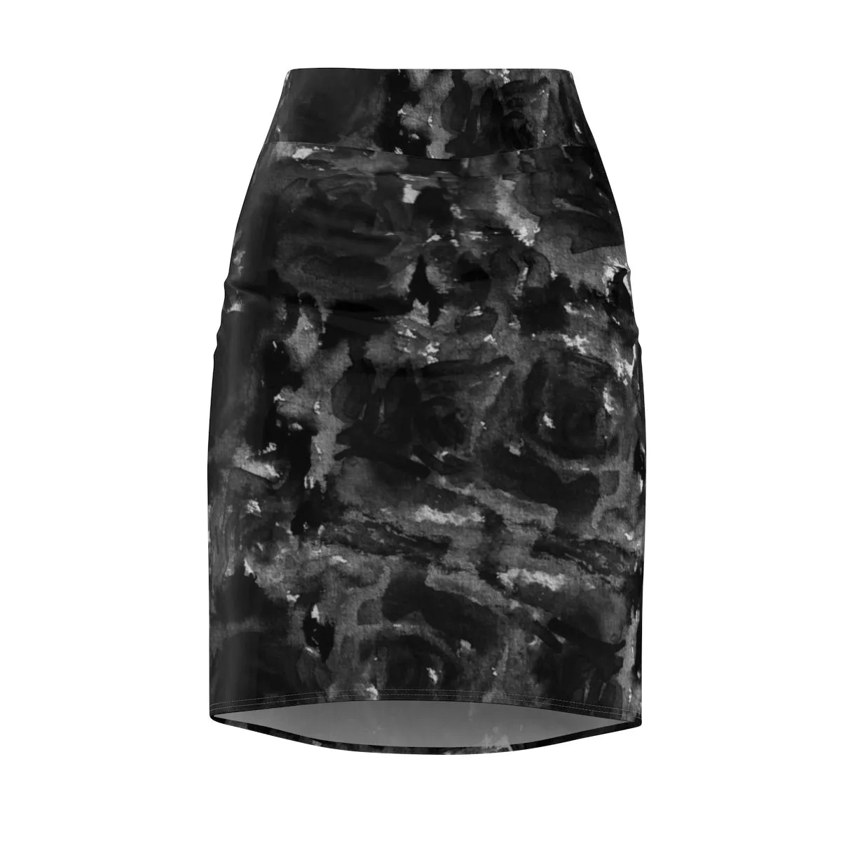 Gray Abstract Pencil Skirt, Black Rose Floral Print Women's Stretchy Pencil Skirt-Made in USA