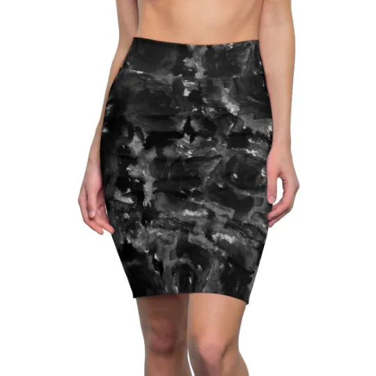 Gray Abstract Pencil Skirt, Black Rose Floral Print Women's Stretchy Pencil Skirt-Made in USA