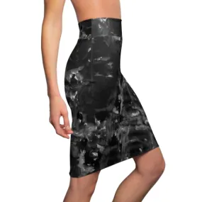 Gray Abstract Pencil Skirt, Black Rose Floral Print Women's Stretchy Pencil Skirt-Made in USA