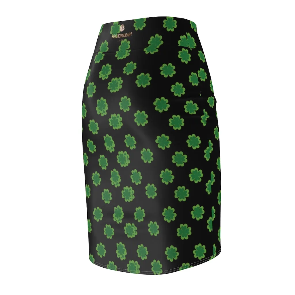 Green Clover Leaf Pencil Skirt, Black Irish Lucky St. Patrick's Day Women's Skirt- Made in USA