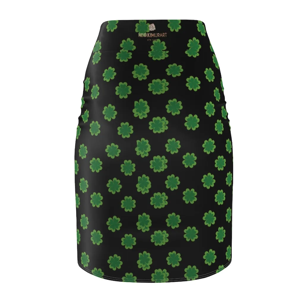 Green Clover Leaf Pencil Skirt, Black Irish Lucky St. Patrick's Day Women's Skirt- Made in USA