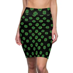 Green Clover Leaf Pencil Skirt, Black Irish Lucky St. Patrick's Day Women's Skirt- Made in USA