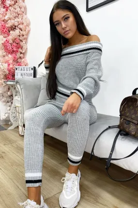 Grey Knitted Bardot Jumper Legging Loungewear Co-ord - Neala