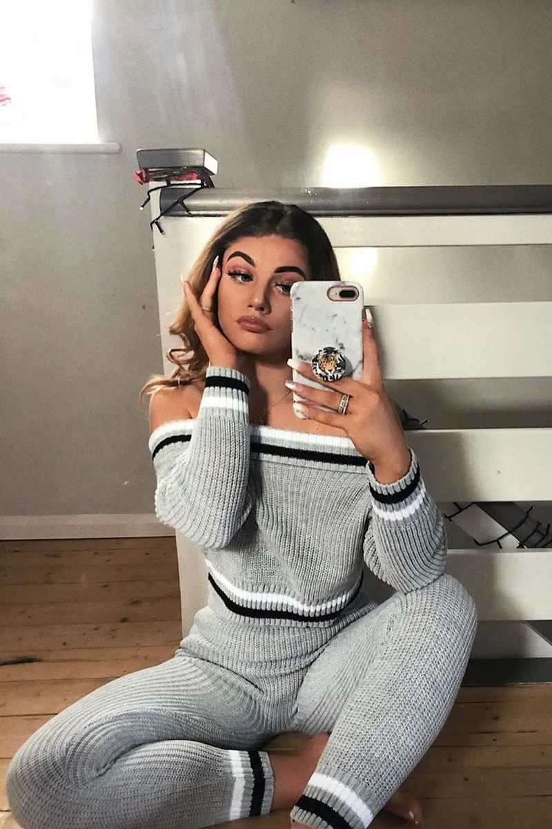 Grey Knitted Bardot Jumper Legging Loungewear Co-ord - Neala