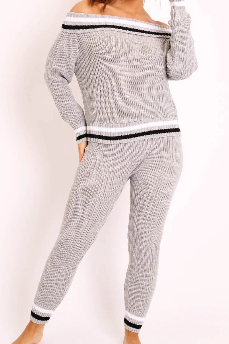 Grey Knitted Bardot Jumper Legging Loungewear Co-ord - Neala