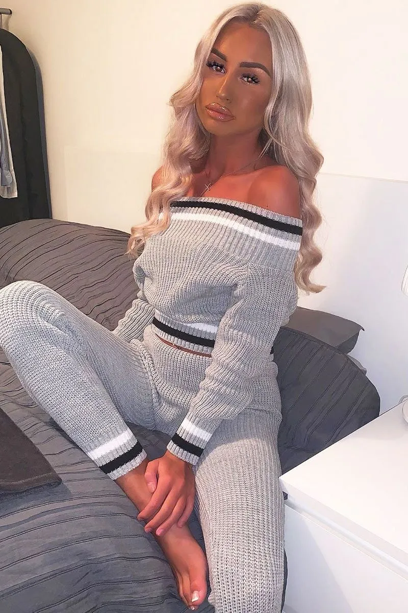 Grey Knitted Bardot Jumper Legging Loungewear Co-ord - Neala