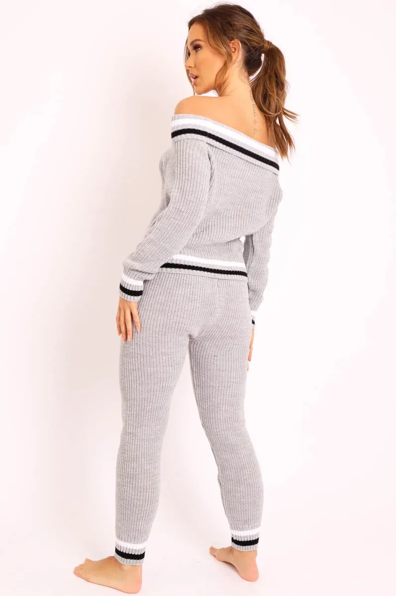 Grey Knitted Bardot Jumper Legging Loungewear Co-ord - Neala