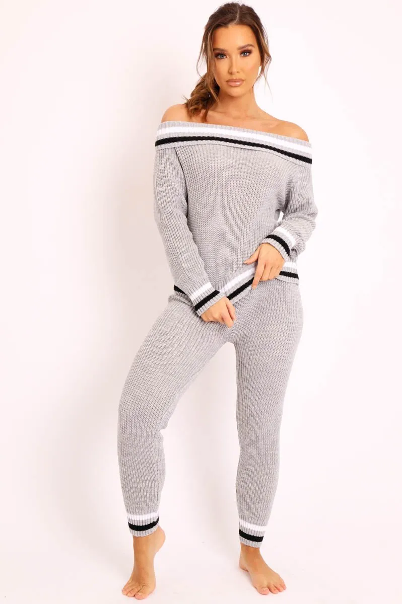 Grey Knitted Bardot Jumper Legging Loungewear Co-ord - Neala