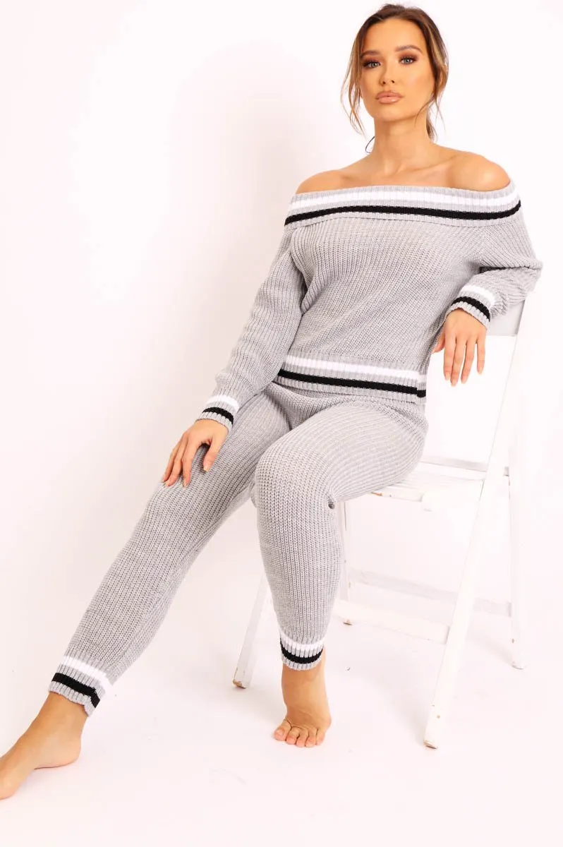 Grey Knitted Bardot Jumper Legging Loungewear Co-ord - Neala