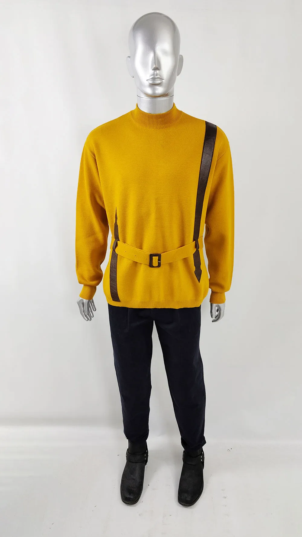 Harrods Vintage Mens Mustard Yellow Wool & Vinyl Belted Jumper, 1960s