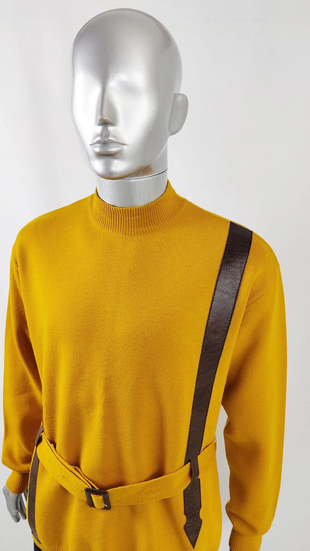 Harrods Vintage Mens Mustard Yellow Wool & Vinyl Belted Jumper, 1960s