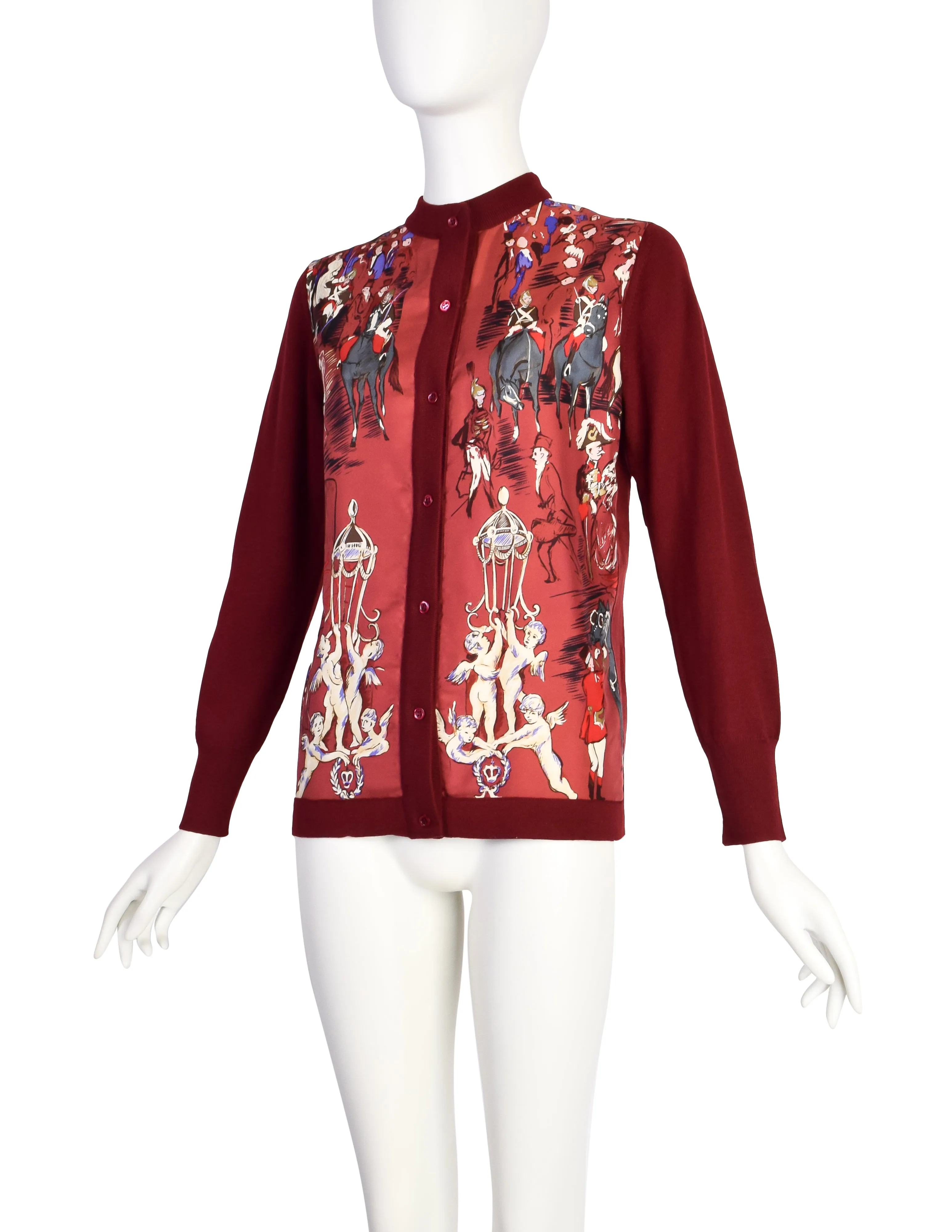 Hermes Vintage Soiree de l'Opera by Jean-Louis Clerc Silk Scarf Burgundy Wool Knit Cardigan Sweater