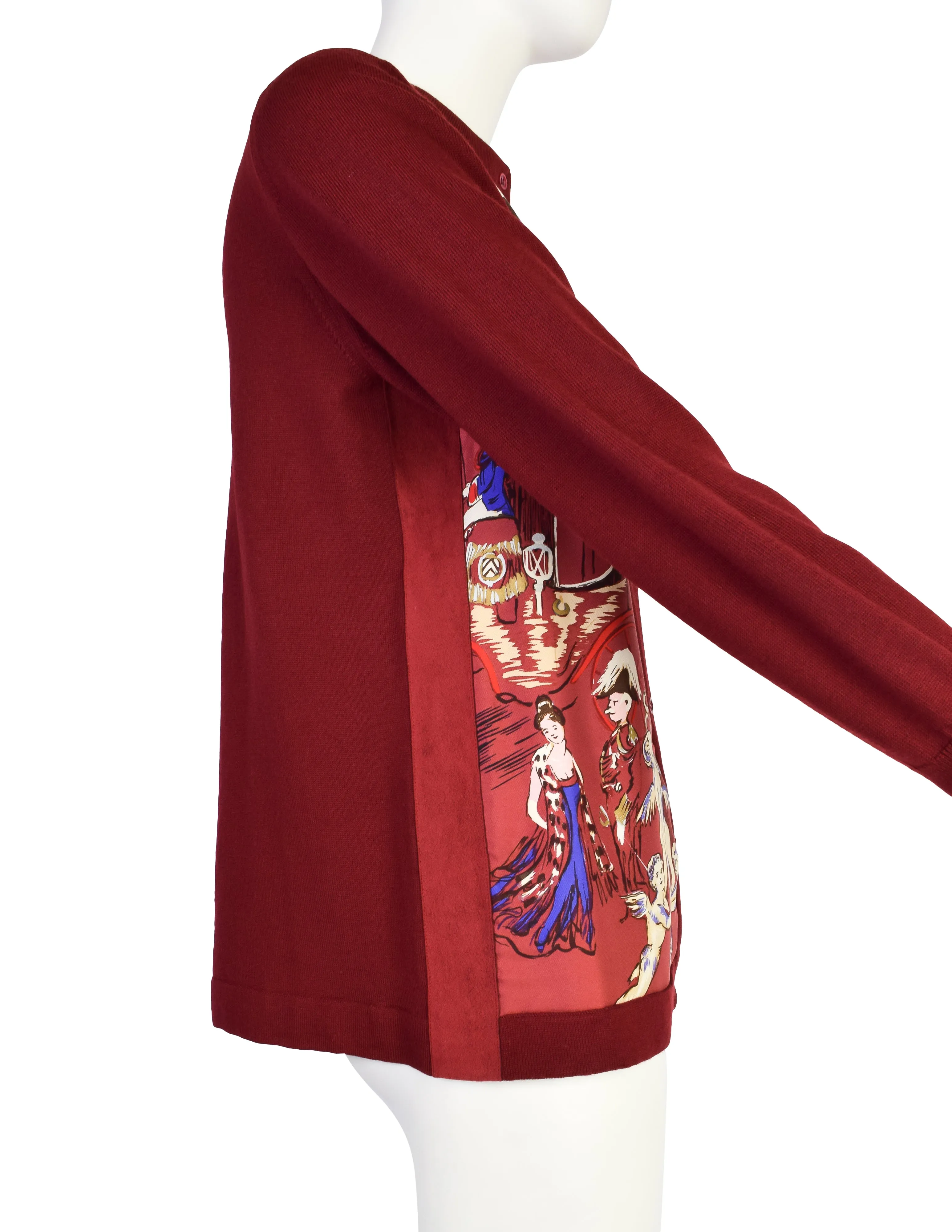 Hermes Vintage Soiree de l'Opera by Jean-Louis Clerc Silk Scarf Burgundy Wool Knit Cardigan Sweater