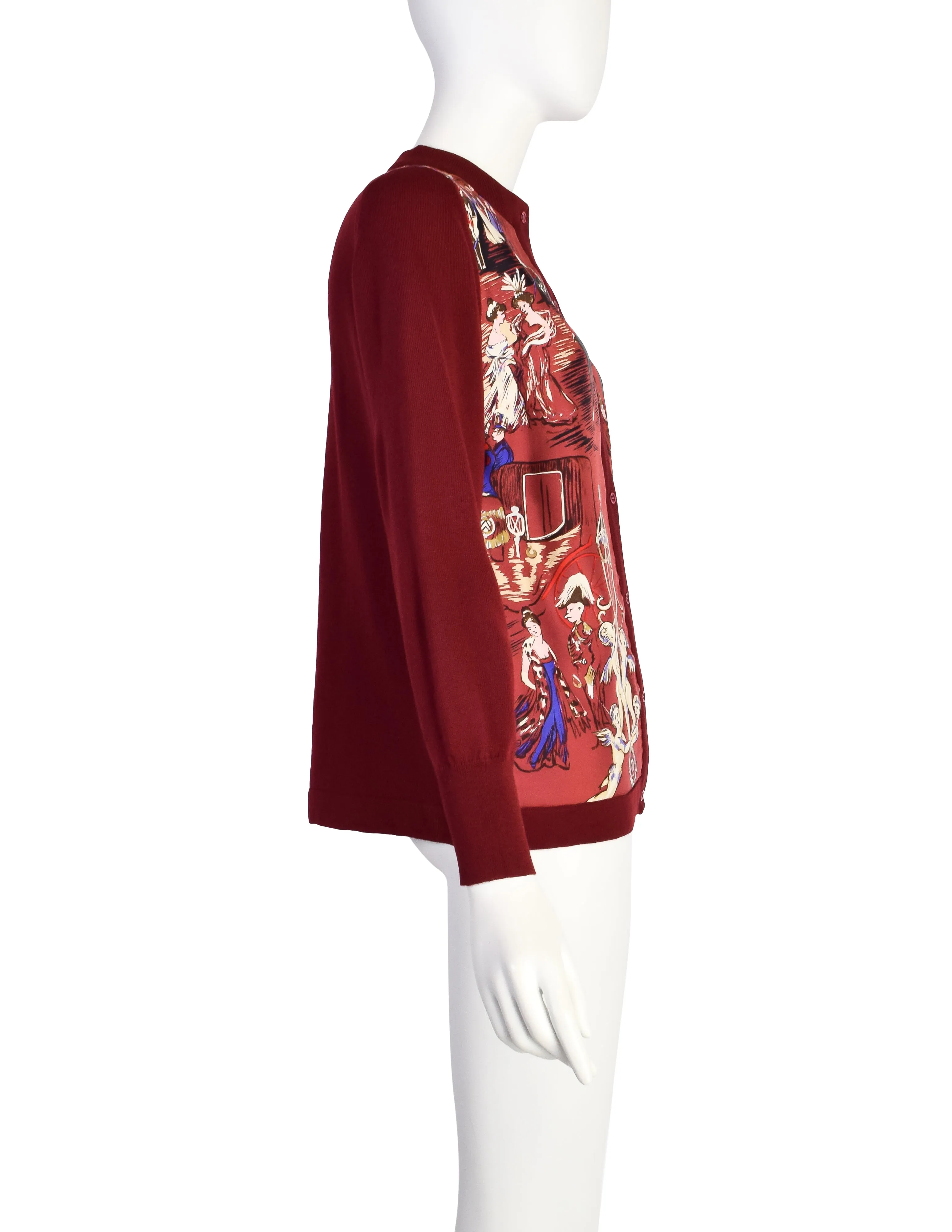 Hermes Vintage Soiree de l'Opera by Jean-Louis Clerc Silk Scarf Burgundy Wool Knit Cardigan Sweater