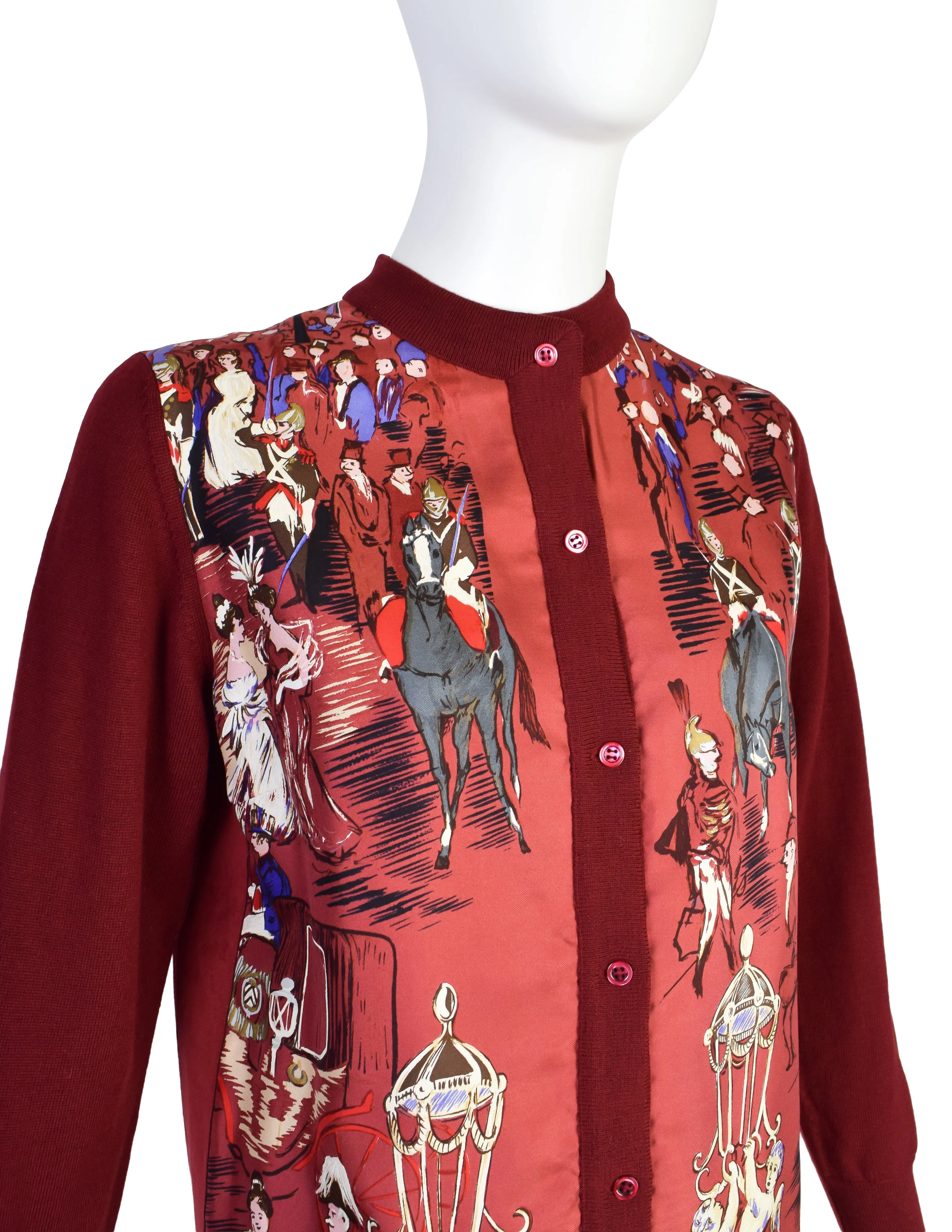 Hermes Vintage Soiree de l'Opera by Jean-Louis Clerc Silk Scarf Burgundy Wool Knit Cardigan Sweater