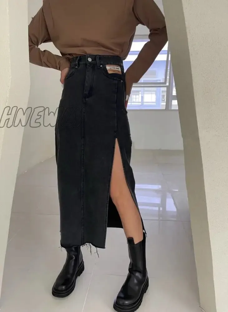 Hnewly Summer New Women's Long Denim Skirt Vintage High Wasit Jeans Skirt Female Straight Side Split A-line Pencil Skirts