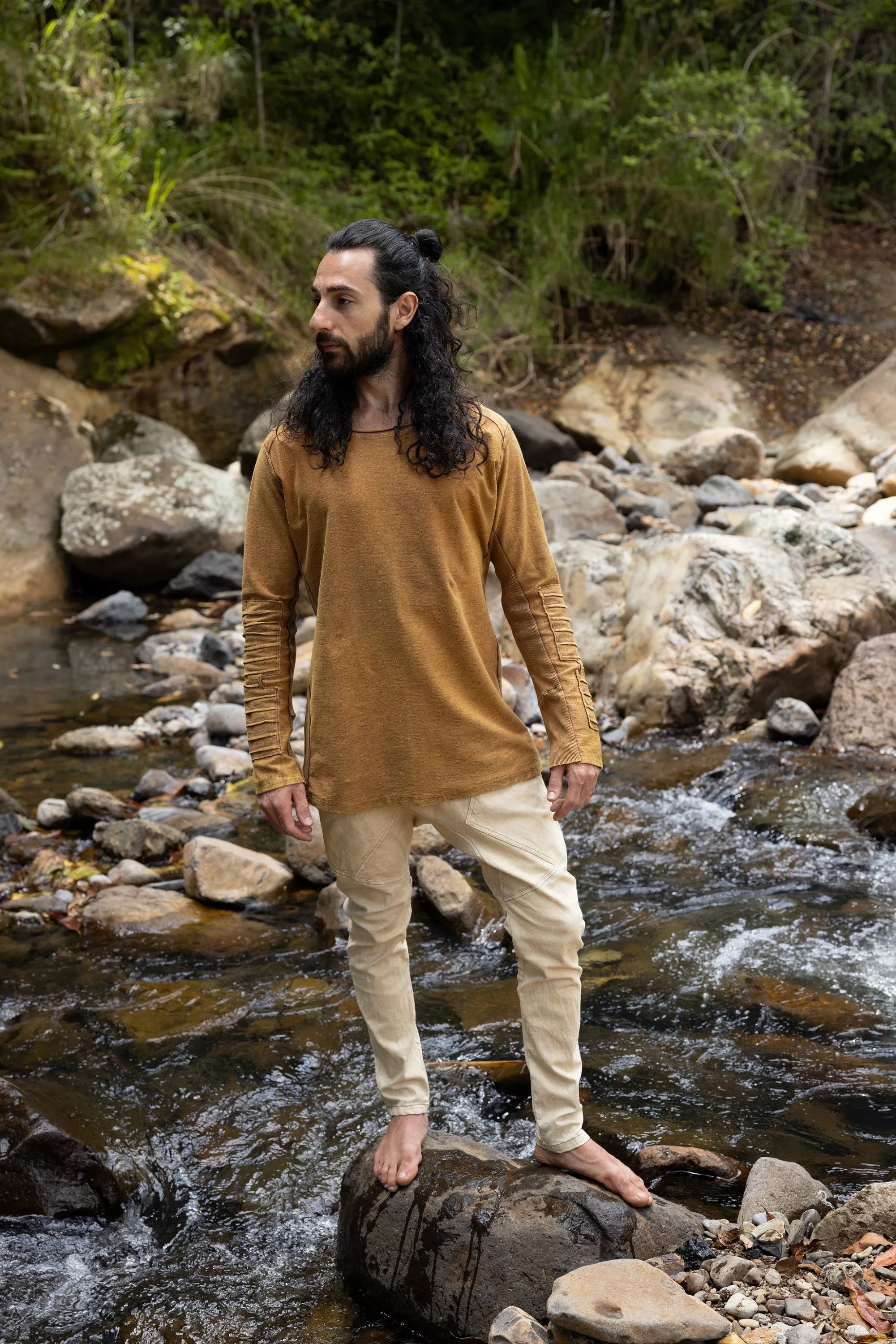 JAMIS Rustic Orange Mens Jumper Long Sleeve Top Pullover Handmade Apocalyptic Dune Rugged Stone Washed Primitive Festival Steampunk AJJAYA