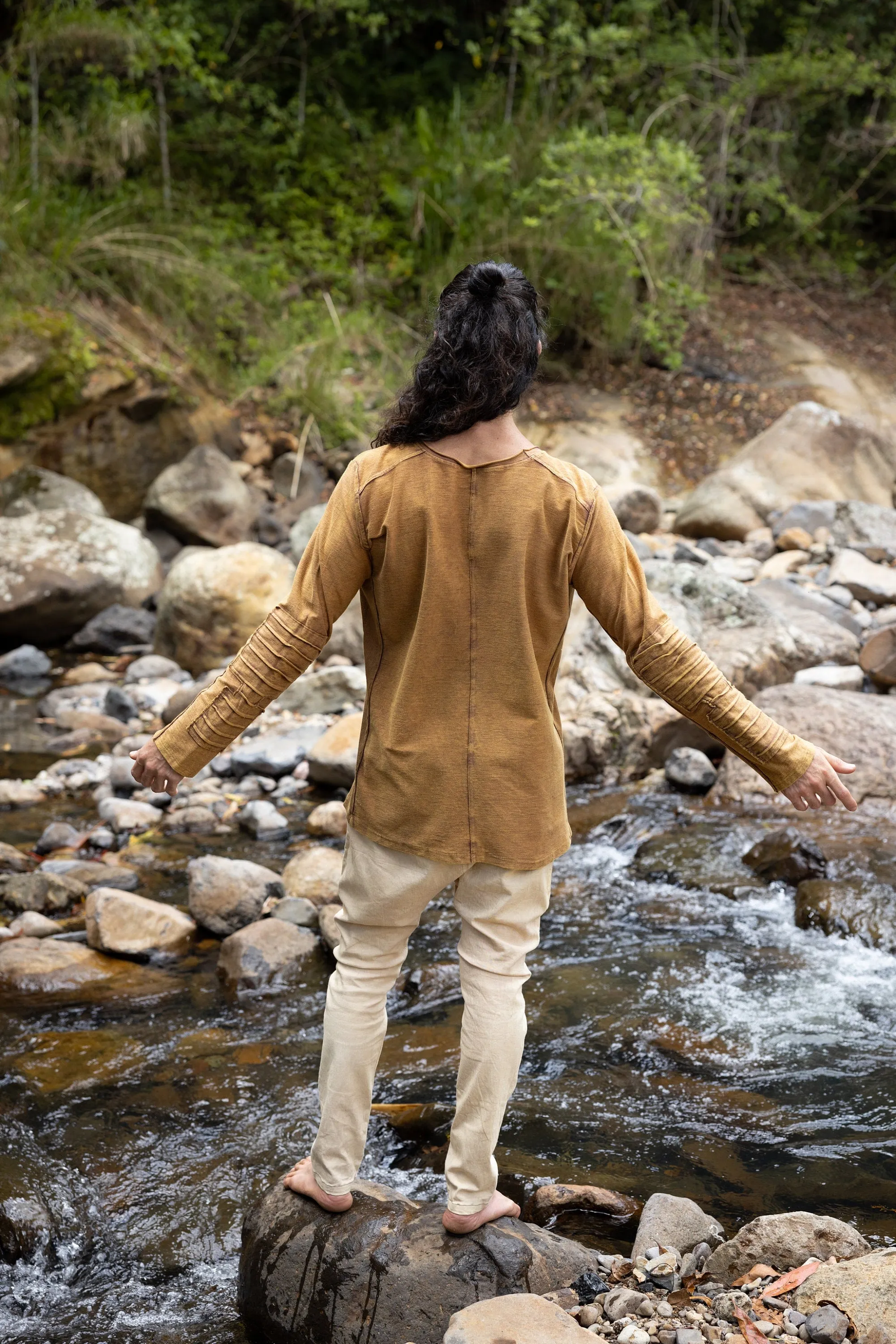 JAMIS Rustic Orange Mens Jumper Long Sleeve Top Pullover Handmade Apocalyptic Dune Rugged Stone Washed Primitive Festival Steampunk AJJAYA