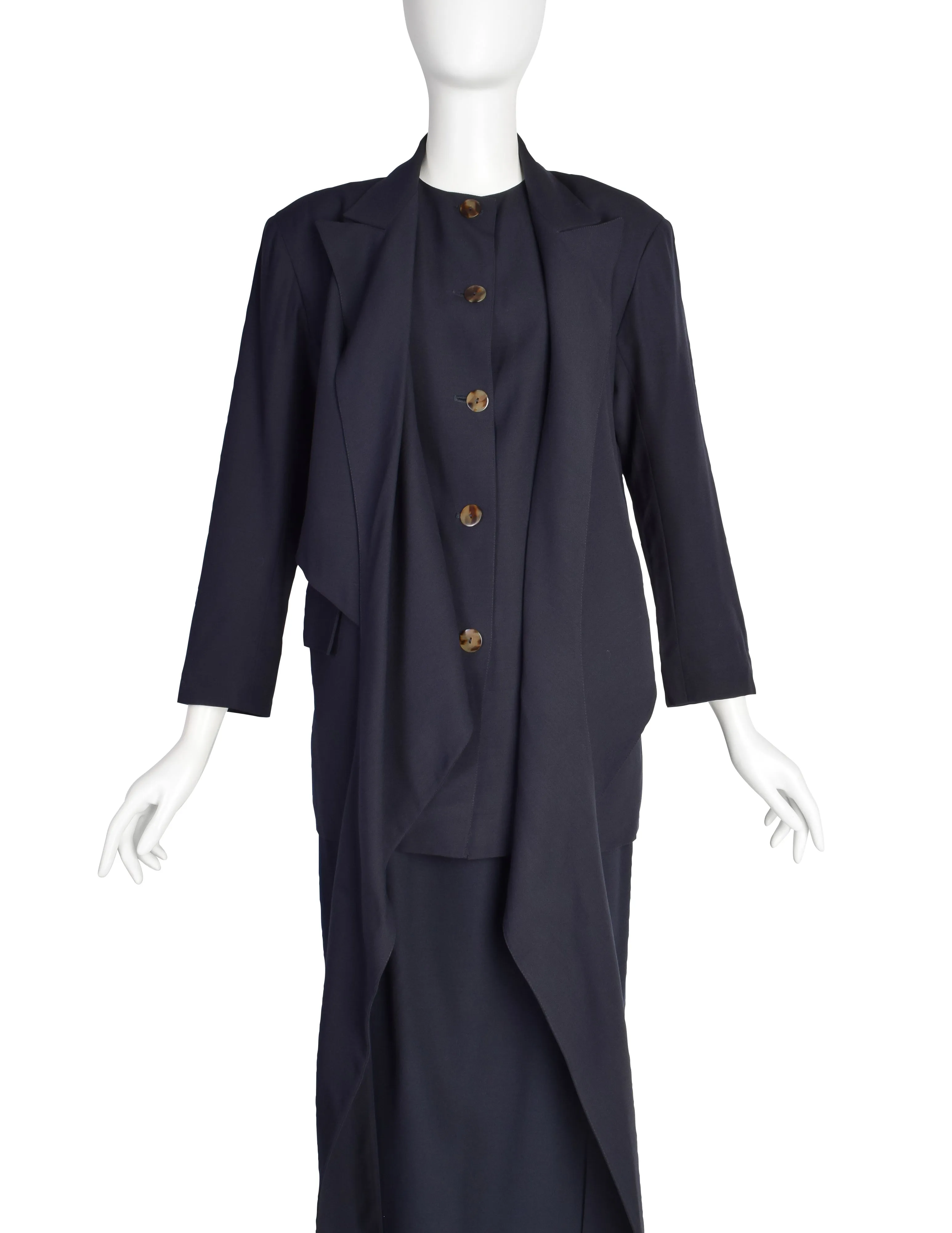 Jean Paul Gaultier Vintage AW1984 Navy Blue Wool Gabardine Wrap Jacket and Pencil Skirt Suit