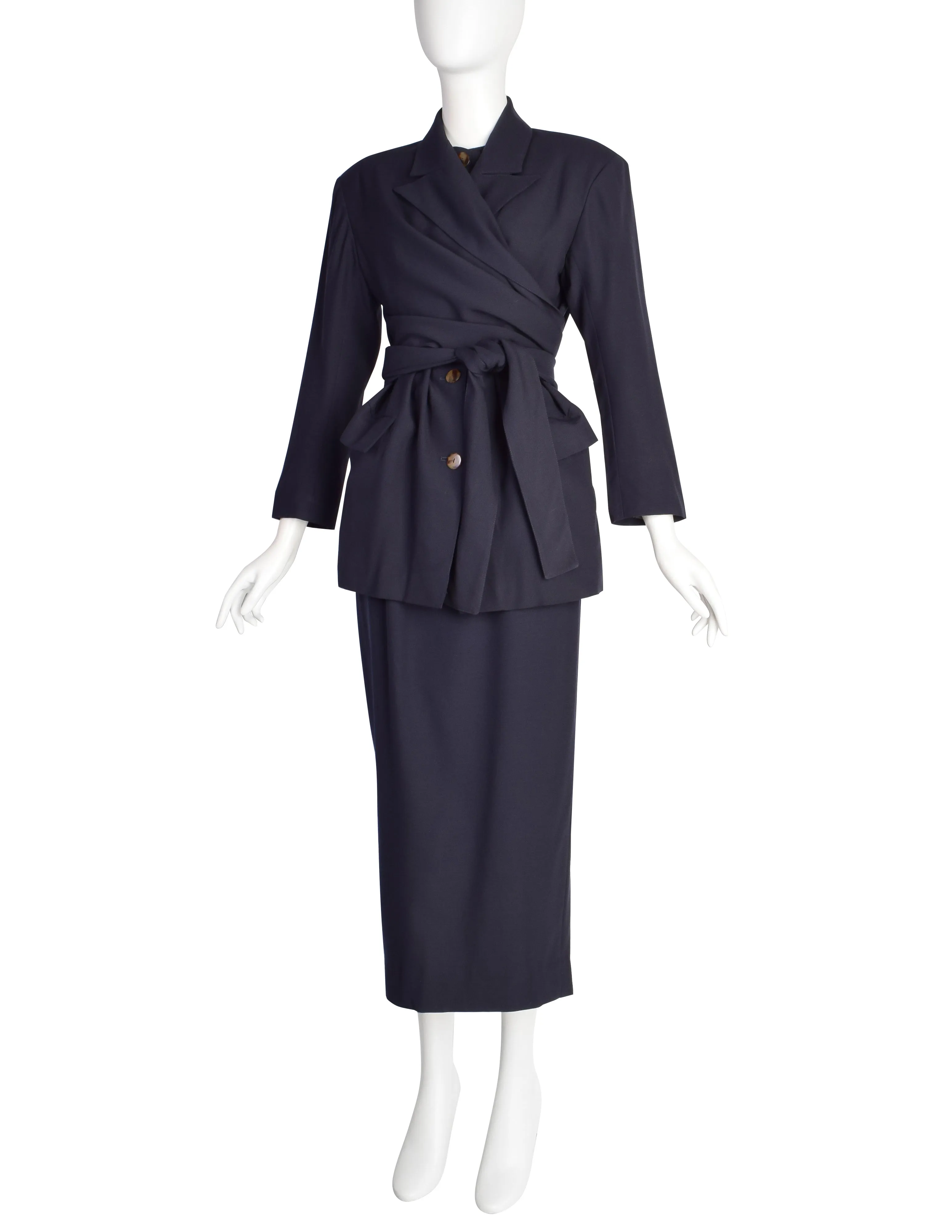 Jean Paul Gaultier Vintage AW1984 Navy Blue Wool Gabardine Wrap Jacket and Pencil Skirt Suit