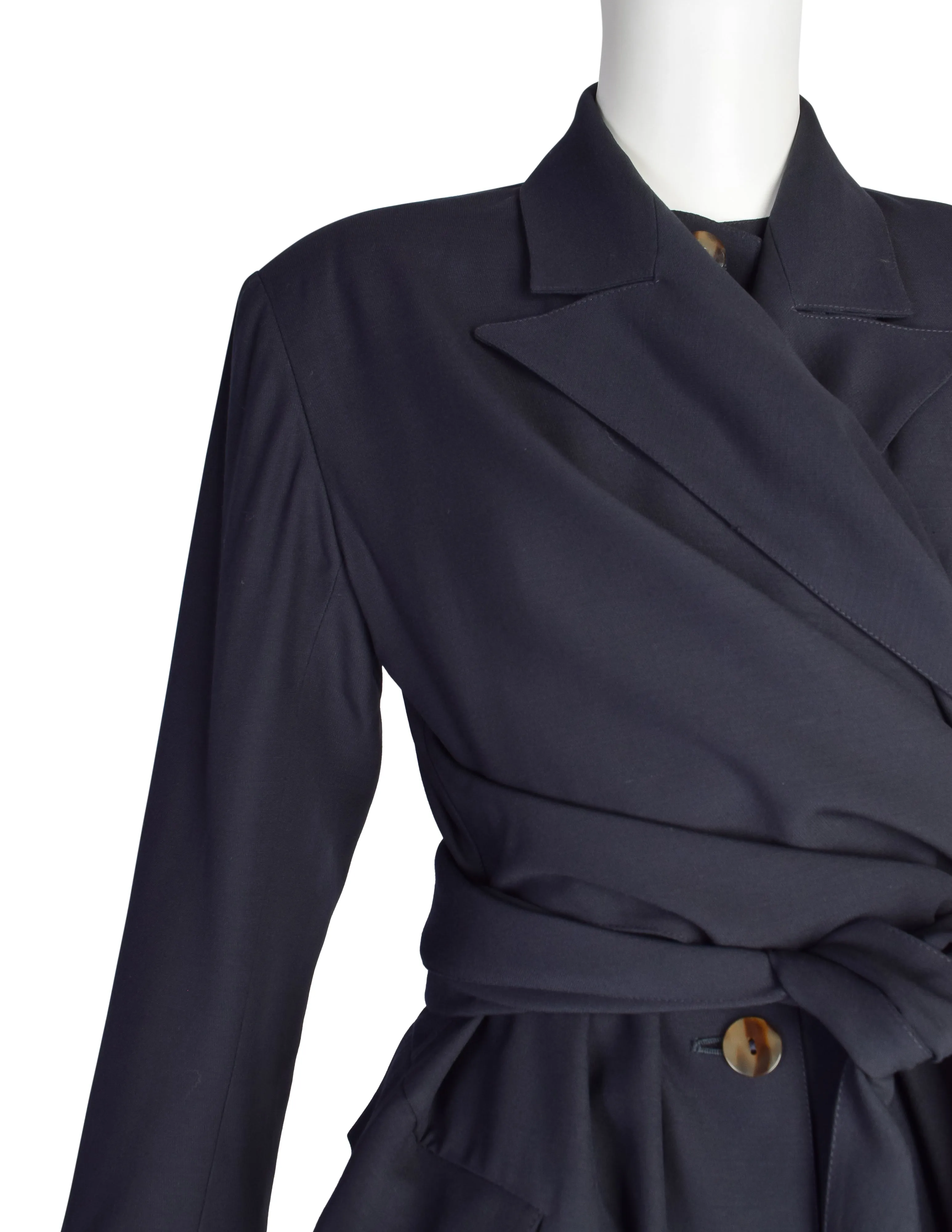 Jean Paul Gaultier Vintage AW1984 Navy Blue Wool Gabardine Wrap Jacket and Pencil Skirt Suit