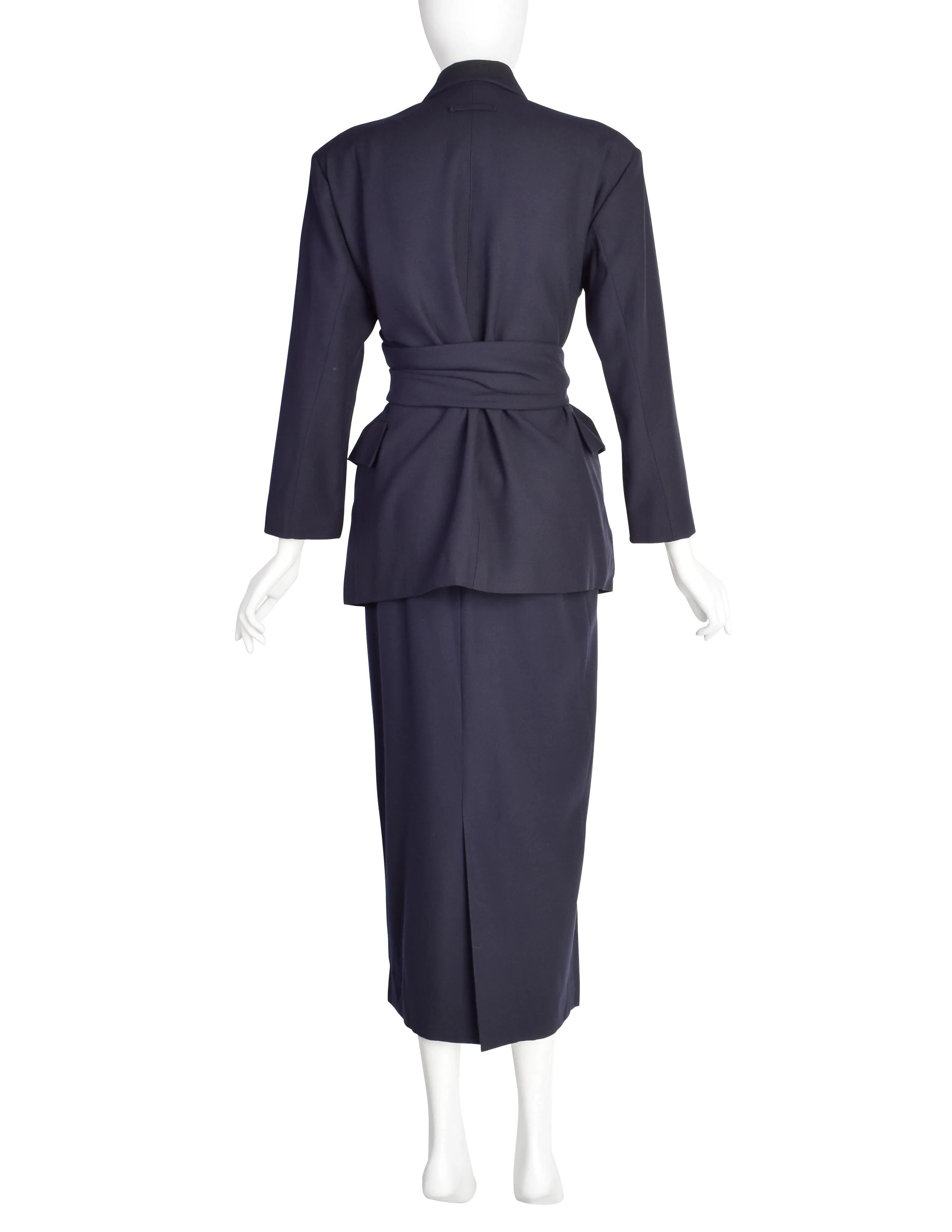 Jean Paul Gaultier Vintage AW1984 Navy Blue Wool Gabardine Wrap Jacket and Pencil Skirt Suit