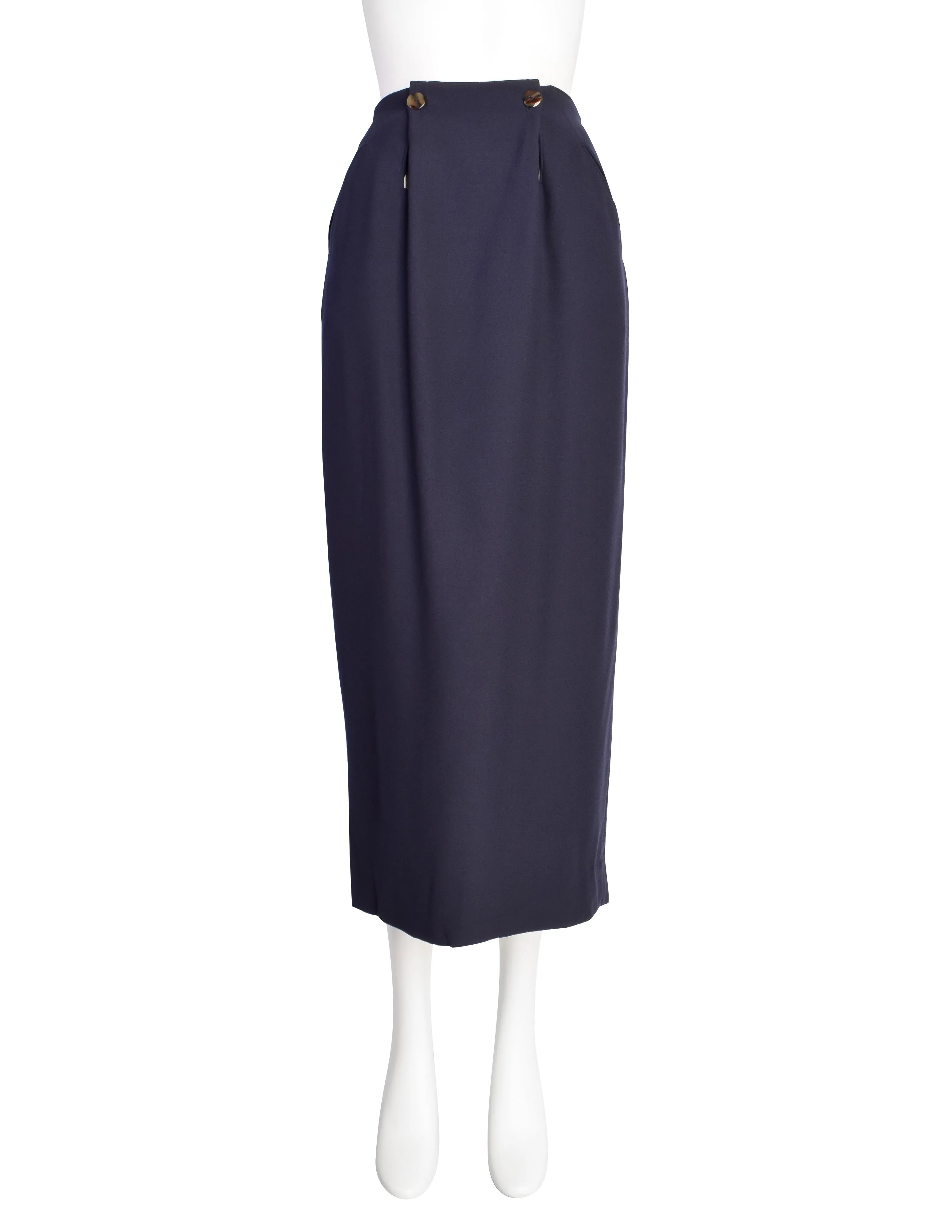 Jean Paul Gaultier Vintage AW1984 Navy Blue Wool Gabardine Wrap Jacket and Pencil Skirt Suit