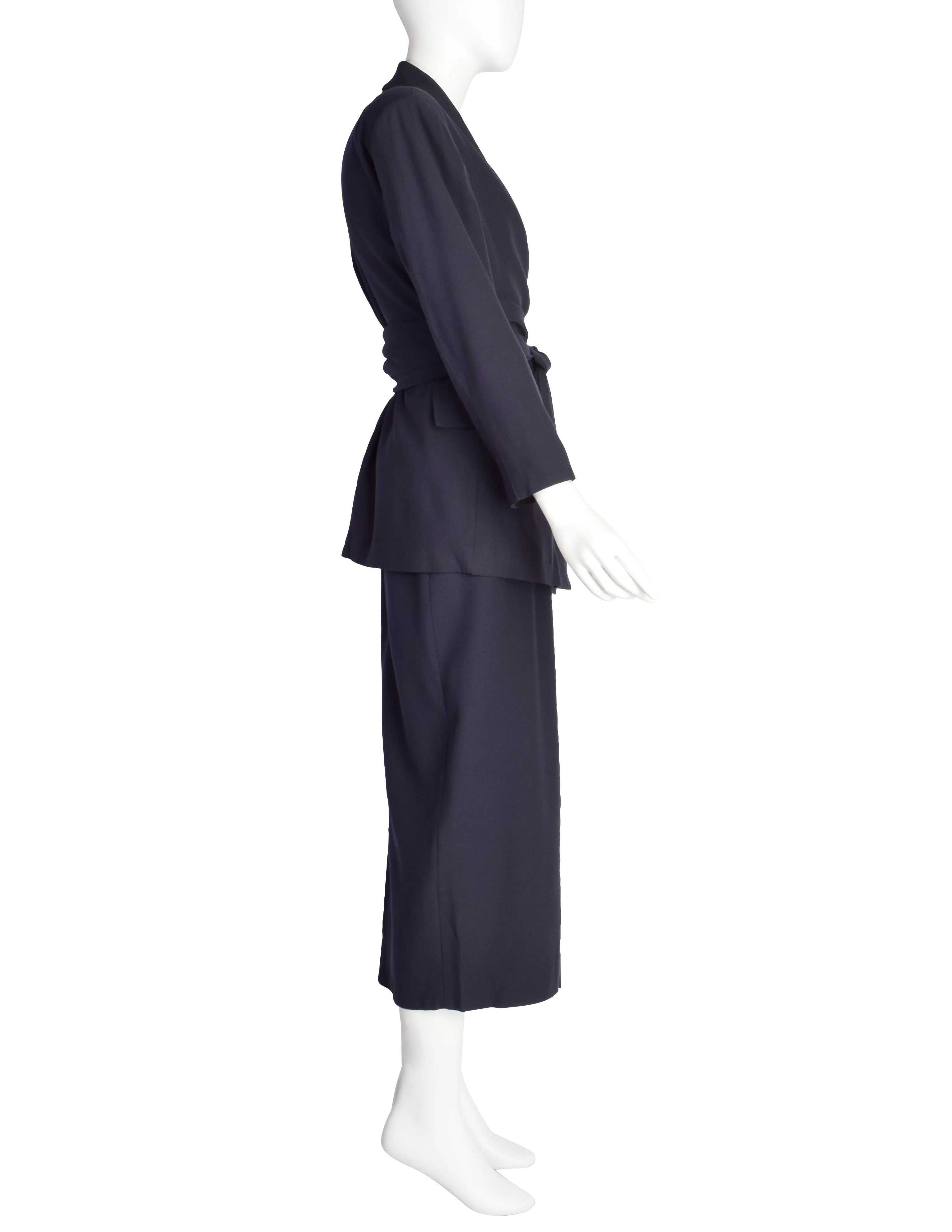 Jean Paul Gaultier Vintage AW1984 Navy Blue Wool Gabardine Wrap Jacket and Pencil Skirt Suit