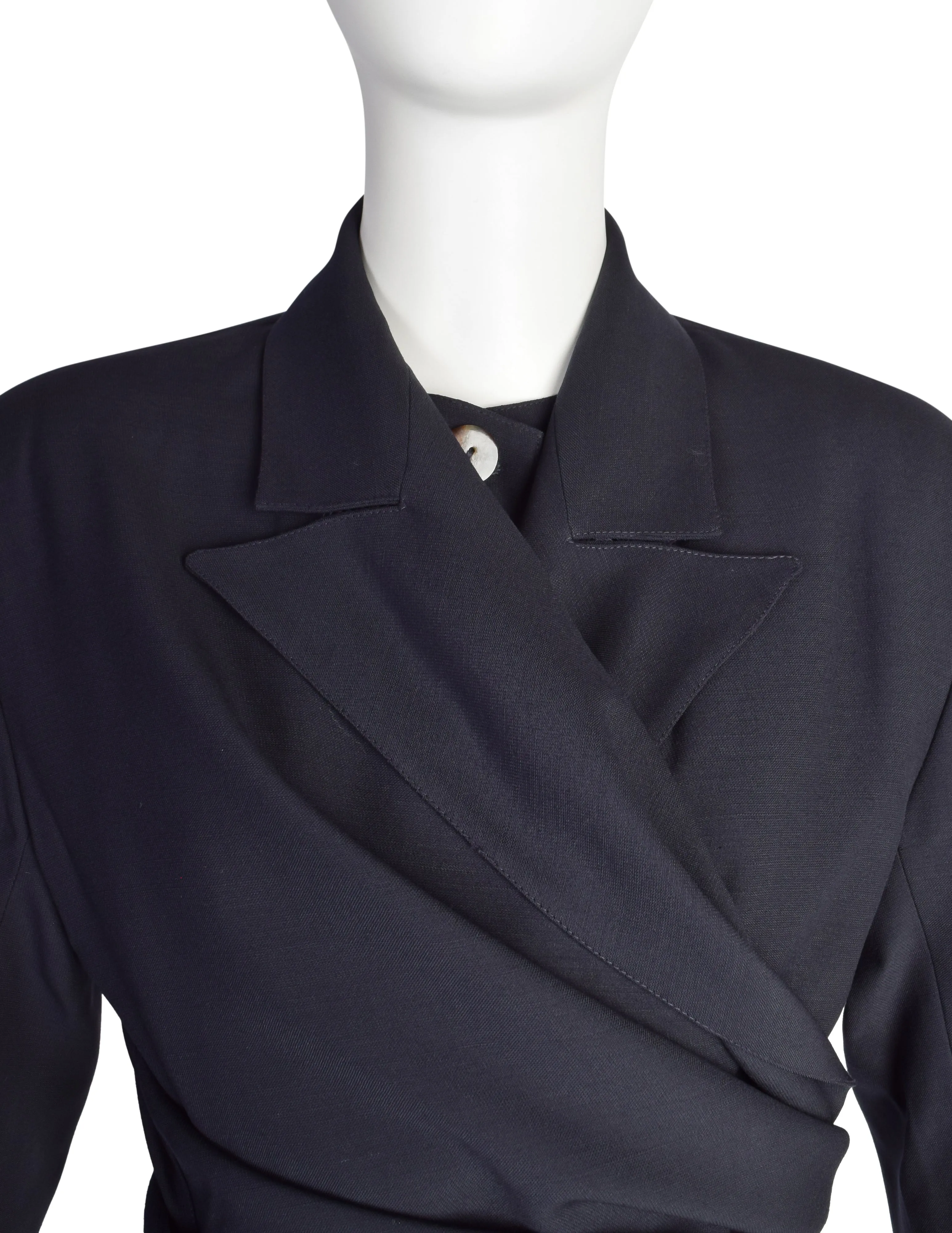 Jean Paul Gaultier Vintage AW1984 Navy Blue Wool Gabardine Wrap Jacket and Pencil Skirt Suit