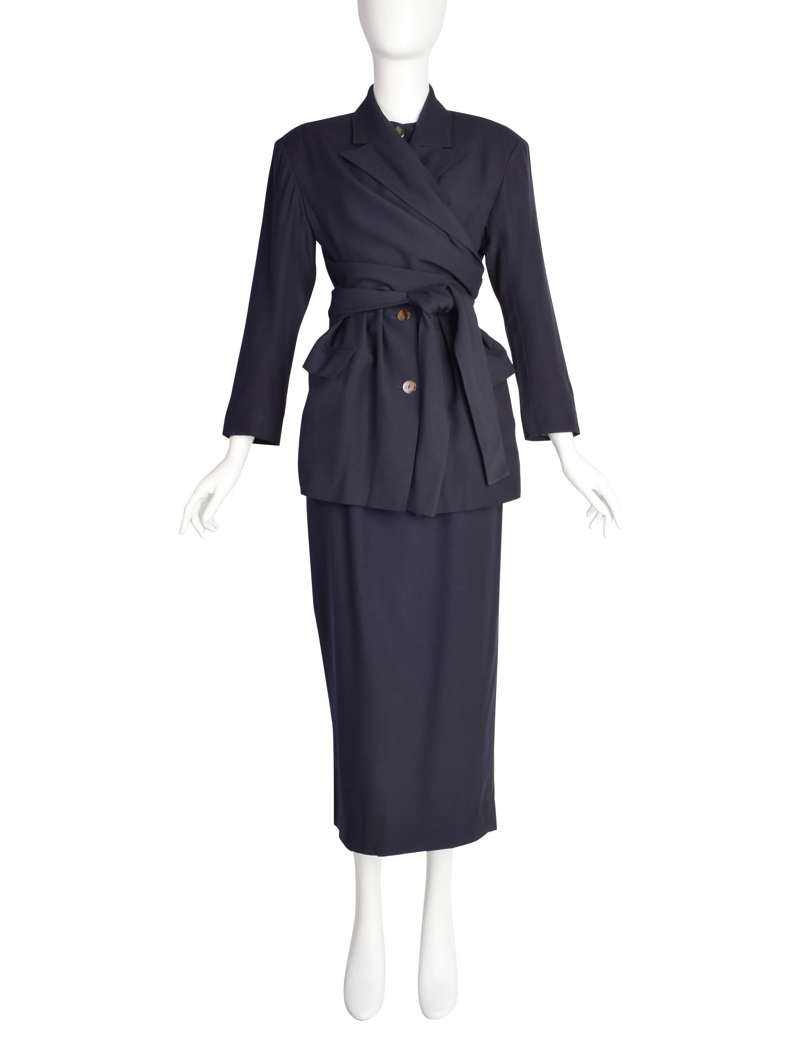 Jean Paul Gaultier Vintage AW1984 Navy Blue Wool Gabardine Wrap Jacket and Pencil Skirt Suit