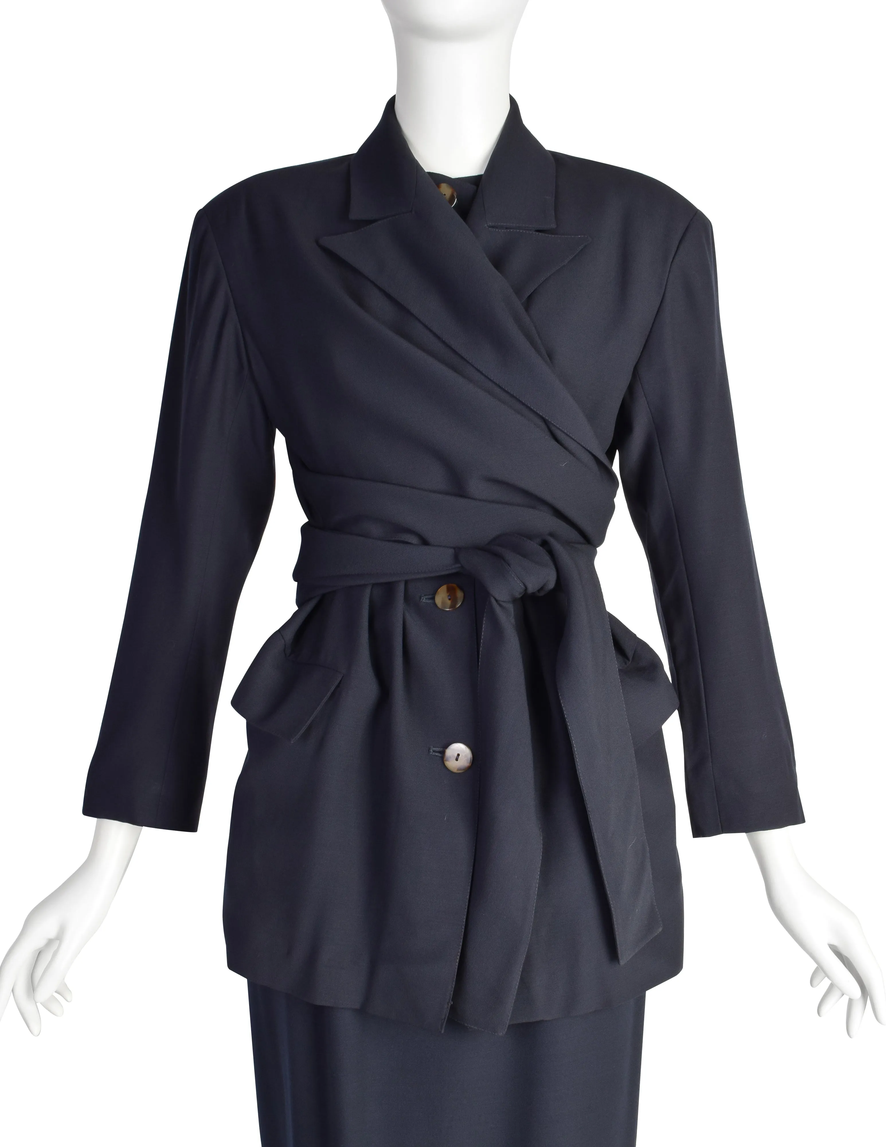 Jean Paul Gaultier Vintage AW1984 Navy Blue Wool Gabardine Wrap Jacket and Pencil Skirt Suit