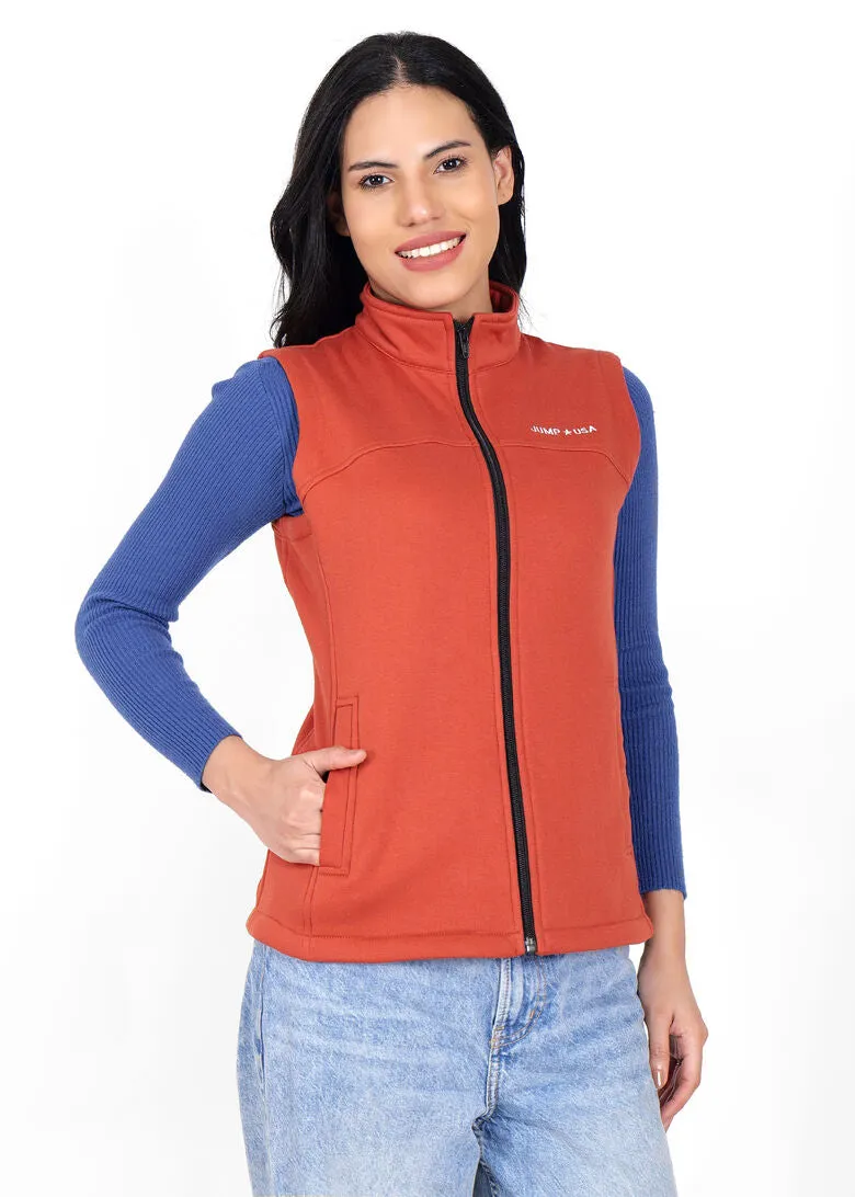 JUMP USA Women's Rust Sleeveless Solid Fleece vest  Jacket