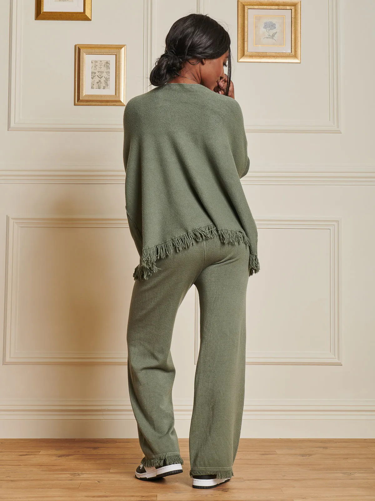 Knitted Fringe Detail Trousers, Soldier Green