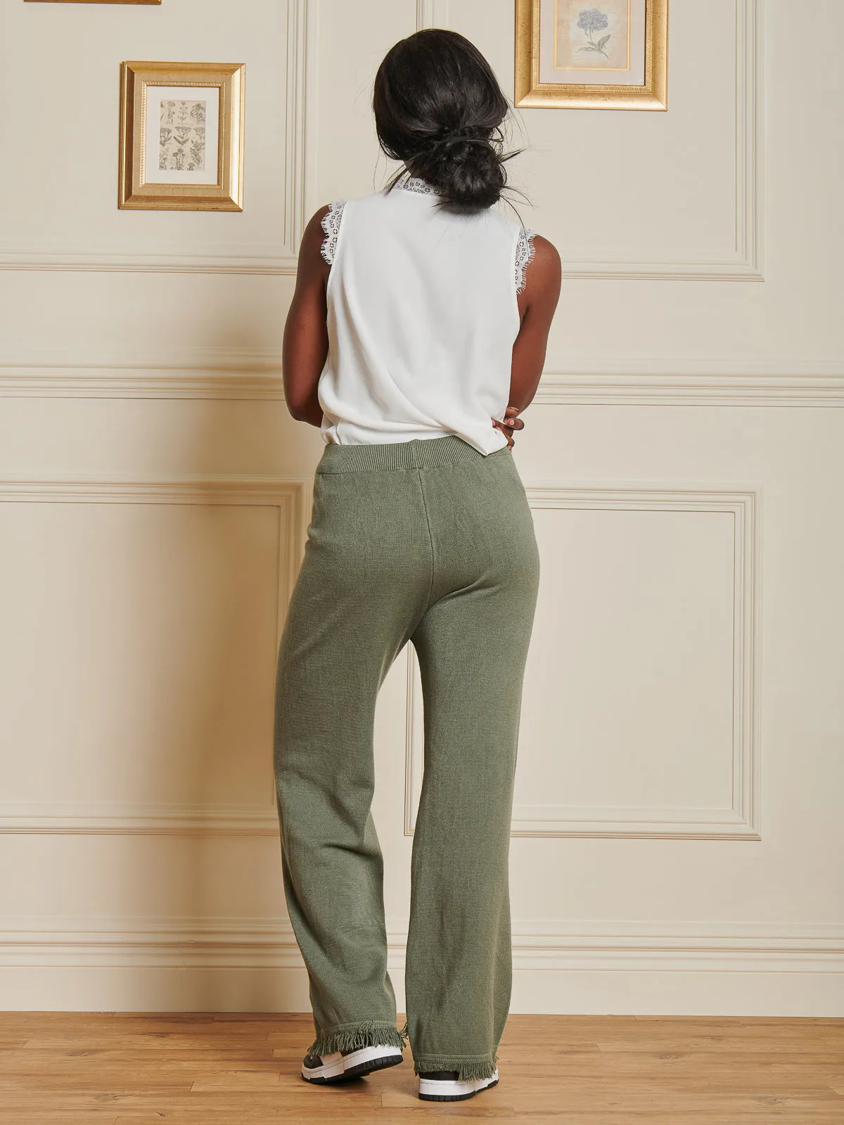 Knitted Fringe Detail Trousers, Soldier Green