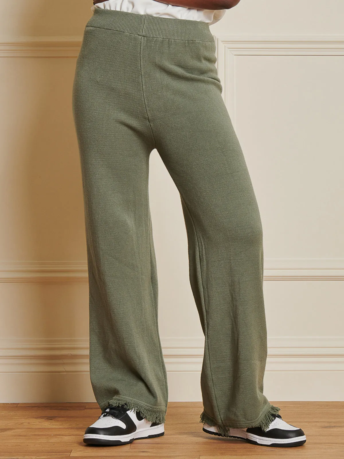 Knitted Fringe Detail Trousers, Soldier Green