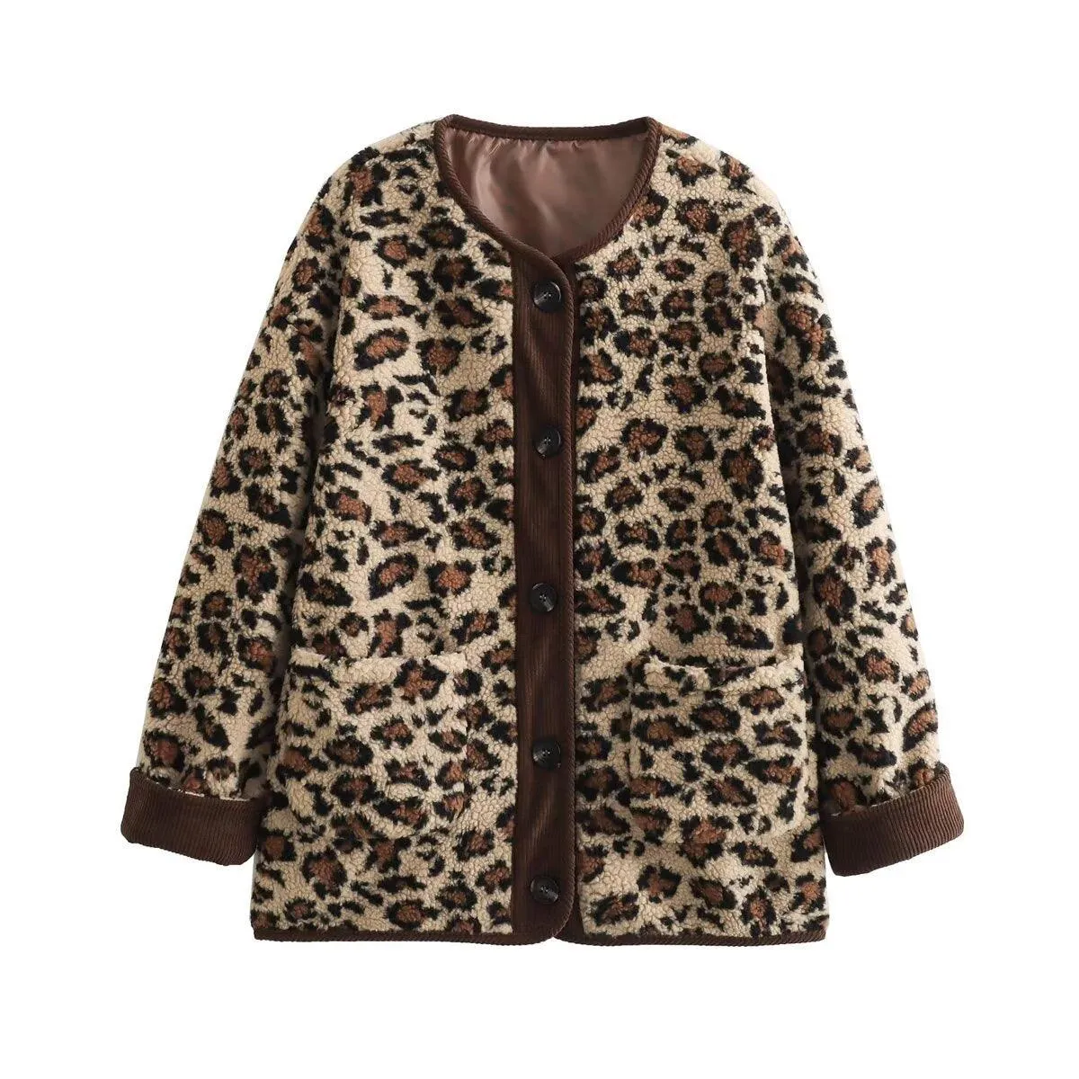 Ladies Polar Fleece Leopard Botton Jacket A34397