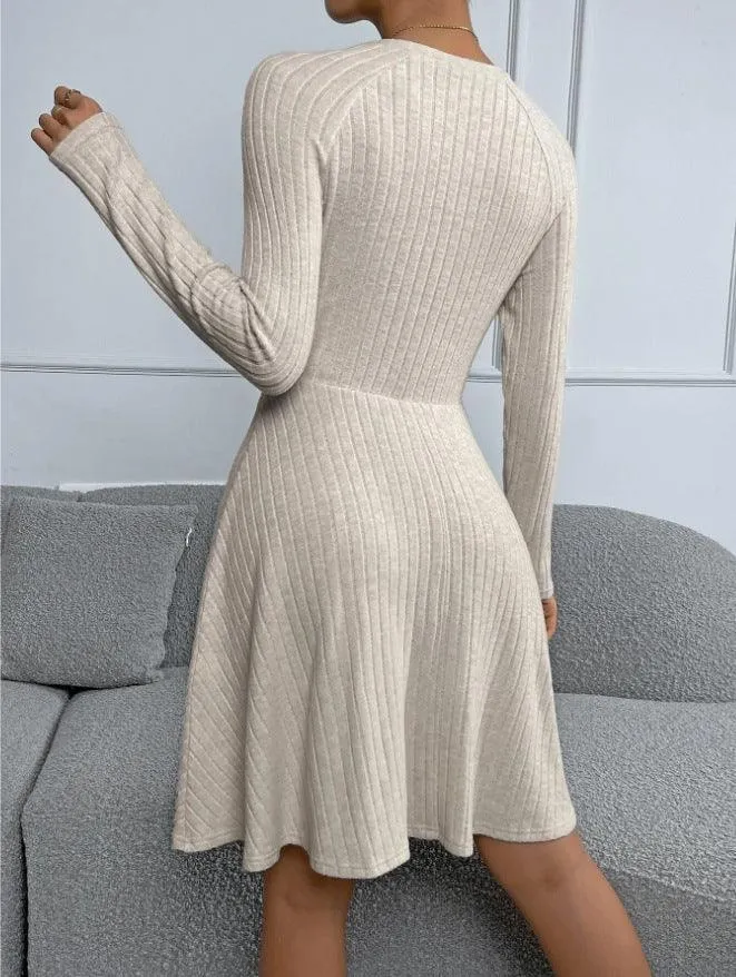 Ladies Round Neck Ribbed Mini Dress G1025