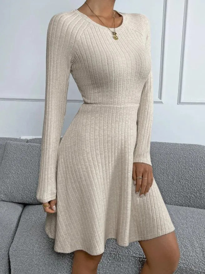 Ladies Round Neck Ribbed Mini Dress G1025