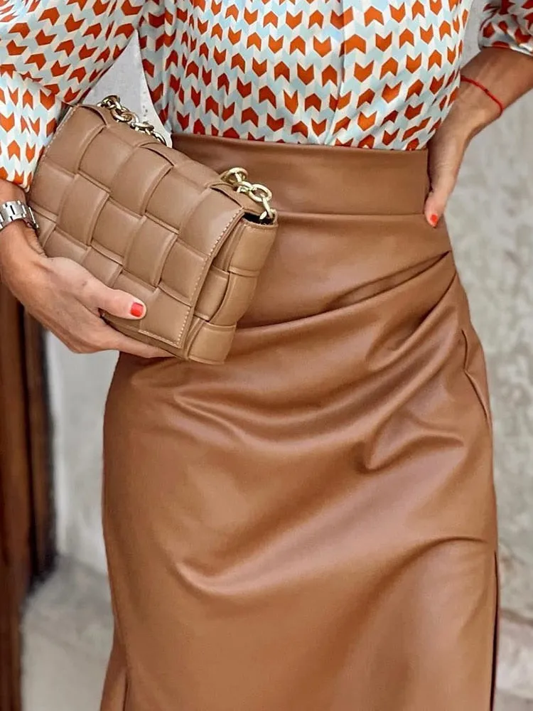 LANFUBEISI Spring Summer Elegant Ladies Office Skirts Casual Women PU Leather Midi Pencil Skirt Solid Side Slit Slim Vintage Brown Skirts