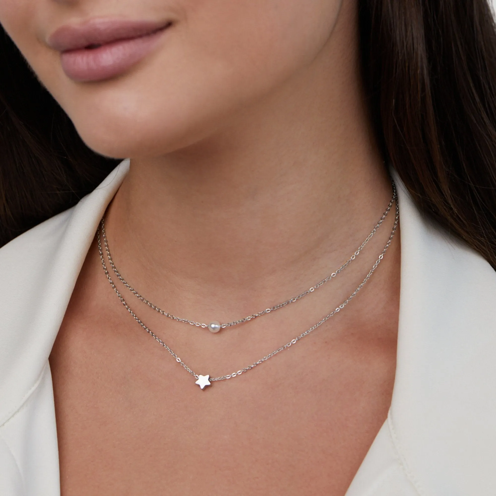 Layered Silver Star & Pearl Necklace