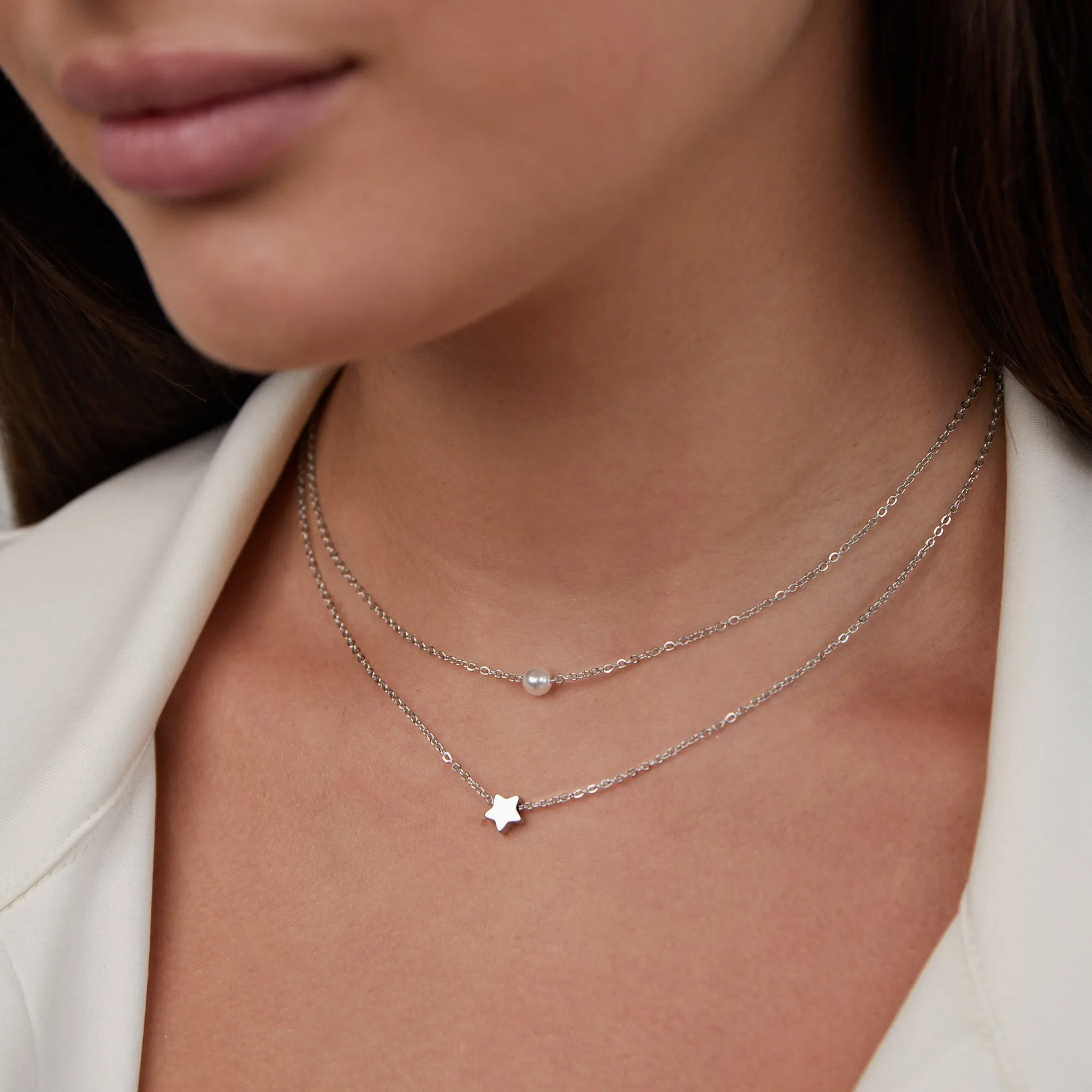 Layered Silver Star & Pearl Necklace