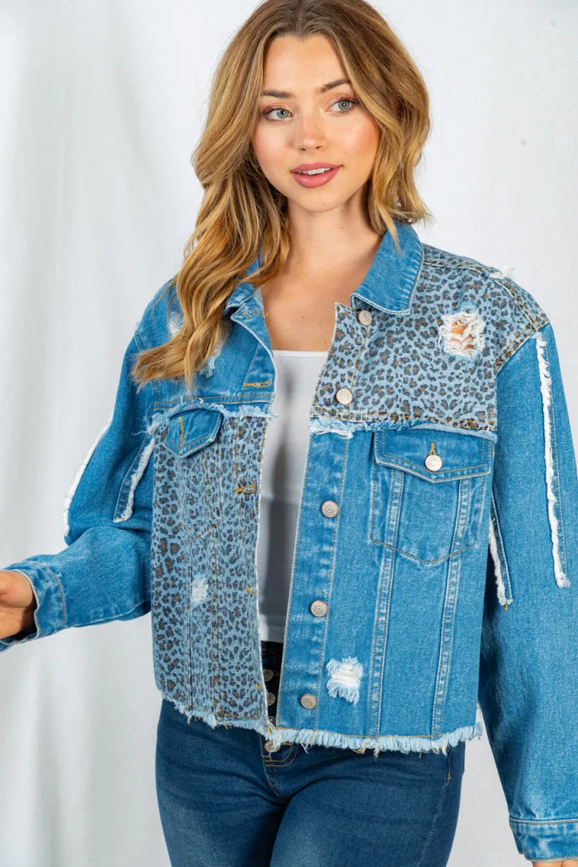 Leopard Frayed Denim Jacket